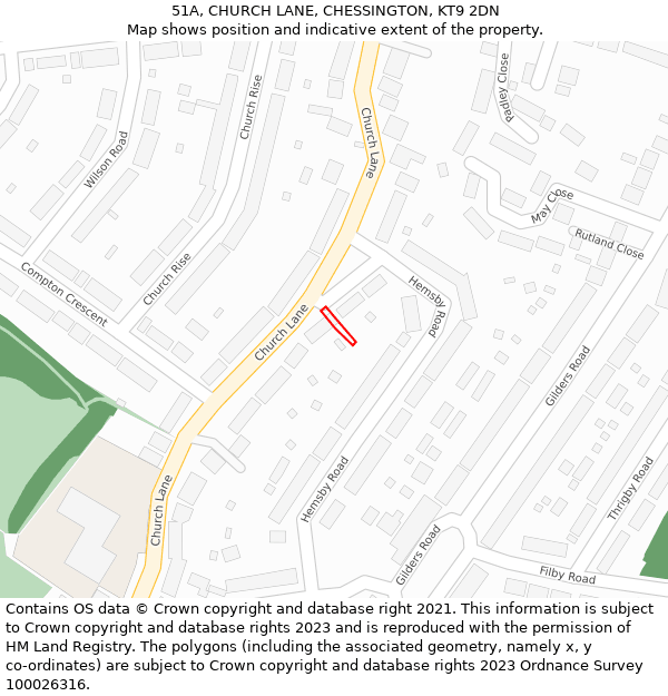 51A, CHURCH LANE, CHESSINGTON, KT9 2DN: Location map and indicative extent of plot