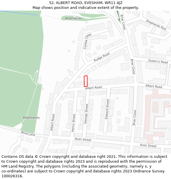 52, ALBERT ROAD, EVESHAM, WR11 4JZ: Location map and indicative extent of plot