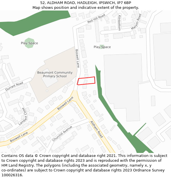 52, ALDHAM ROAD, HADLEIGH, IPSWICH, IP7 6BP: Location map and indicative extent of plot