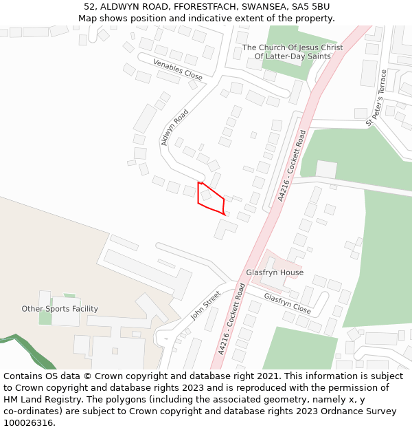 52, ALDWYN ROAD, FFORESTFACH, SWANSEA, SA5 5BU: Location map and indicative extent of plot