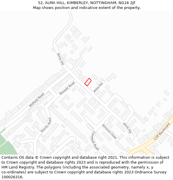 52, ALMA HILL, KIMBERLEY, NOTTINGHAM, NG16 2JF: Location map and indicative extent of plot