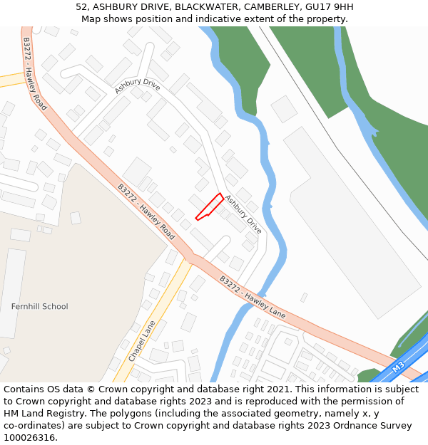 52, ASHBURY DRIVE, BLACKWATER, CAMBERLEY, GU17 9HH: Location map and indicative extent of plot