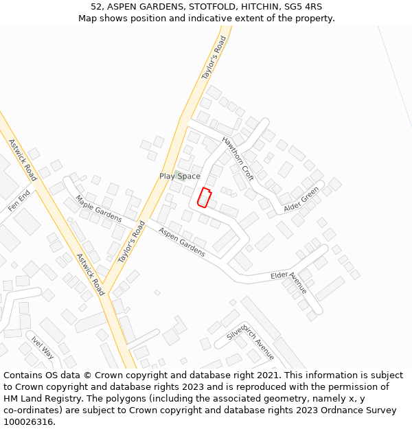 52, ASPEN GARDENS, STOTFOLD, HITCHIN, SG5 4RS: Location map and indicative extent of plot