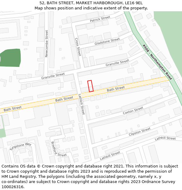 52, BATH STREET, MARKET HARBOROUGH, LE16 9EL: Location map and indicative extent of plot