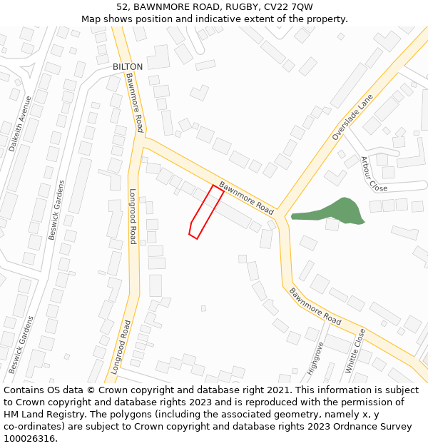 52, BAWNMORE ROAD, RUGBY, CV22 7QW: Location map and indicative extent of plot