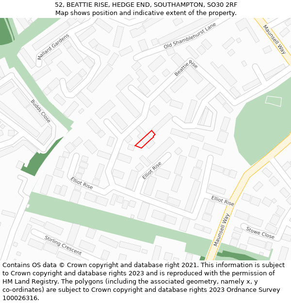 52, BEATTIE RISE, HEDGE END, SOUTHAMPTON, SO30 2RF: Location map and indicative extent of plot