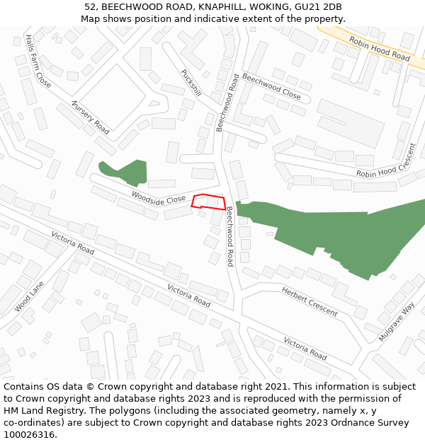 52, BEECHWOOD ROAD, KNAPHILL, WOKING, GU21 2DB: Location map and indicative extent of plot