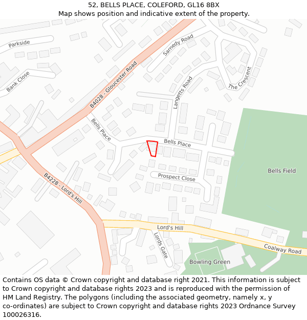 52, BELLS PLACE, COLEFORD, GL16 8BX: Location map and indicative extent of plot