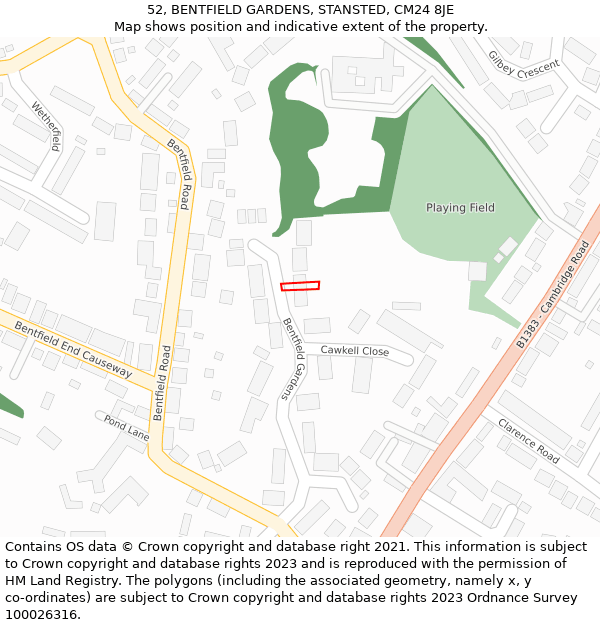 52, BENTFIELD GARDENS, STANSTED, CM24 8JE: Location map and indicative extent of plot