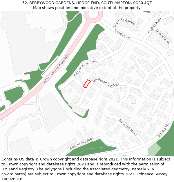 52, BERRYWOOD GARDENS, HEDGE END, SOUTHAMPTON, SO30 4QZ: Location map and indicative extent of plot