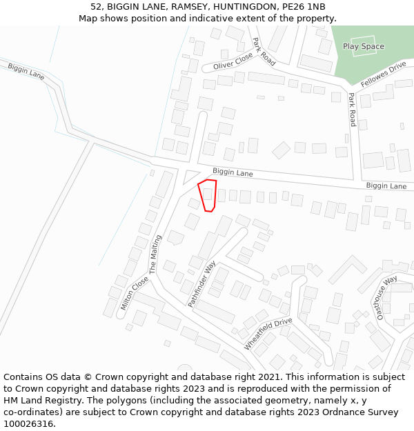 52, BIGGIN LANE, RAMSEY, HUNTINGDON, PE26 1NB: Location map and indicative extent of plot