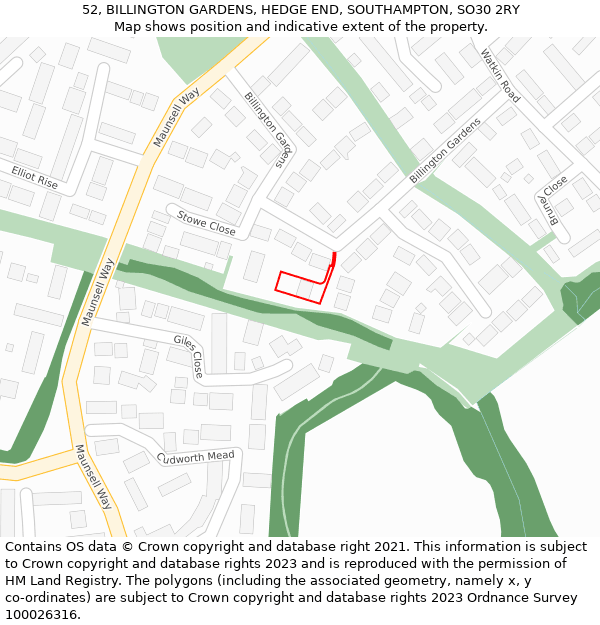 52, BILLINGTON GARDENS, HEDGE END, SOUTHAMPTON, SO30 2RY: Location map and indicative extent of plot