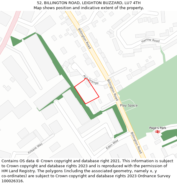 52, BILLINGTON ROAD, LEIGHTON BUZZARD, LU7 4TH: Location map and indicative extent of plot