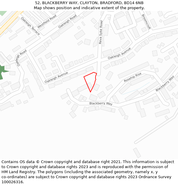 52, BLACKBERRY WAY, CLAYTON, BRADFORD, BD14 6NB: Location map and indicative extent of plot