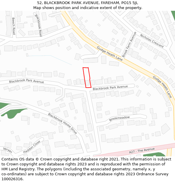 52, BLACKBROOK PARK AVENUE, FAREHAM, PO15 5JL: Location map and indicative extent of plot