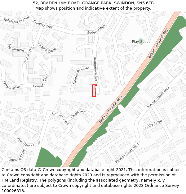 52, BRADENHAM ROAD, GRANGE PARK, SWINDON, SN5 6EB: Location map and indicative extent of plot
