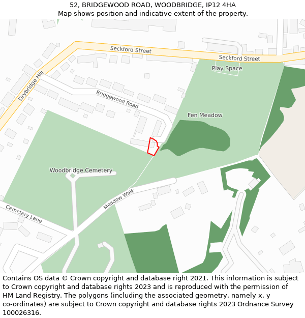 52, BRIDGEWOOD ROAD, WOODBRIDGE, IP12 4HA: Location map and indicative extent of plot