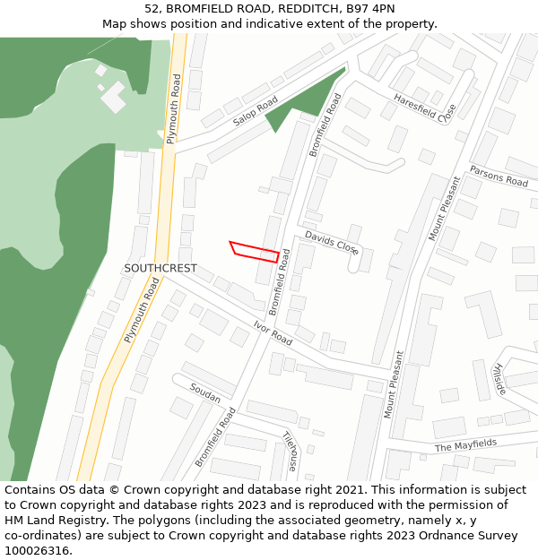 52, BROMFIELD ROAD, REDDITCH, B97 4PN: Location map and indicative extent of plot