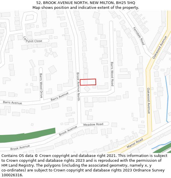 52, BROOK AVENUE NORTH, NEW MILTON, BH25 5HQ: Location map and indicative extent of plot