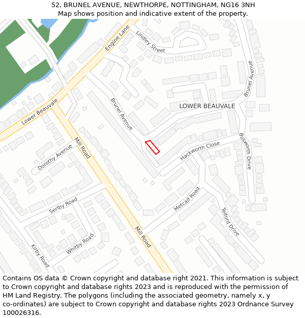 52, BRUNEL AVENUE, NEWTHORPE, NOTTINGHAM, NG16 3NH: Location map and indicative extent of plot