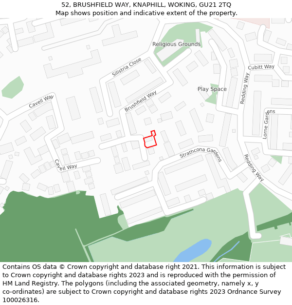 52, BRUSHFIELD WAY, KNAPHILL, WOKING, GU21 2TQ: Location map and indicative extent of plot