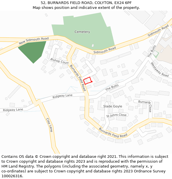 52, BURNARDS FIELD ROAD, COLYTON, EX24 6PF: Location map and indicative extent of plot