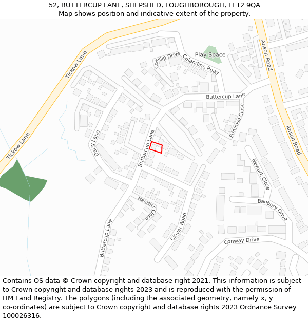52, BUTTERCUP LANE, SHEPSHED, LOUGHBOROUGH, LE12 9QA: Location map and indicative extent of plot