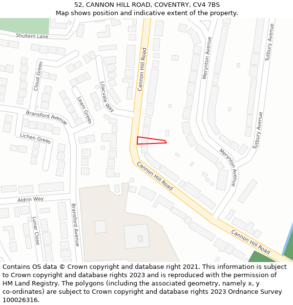 52, CANNON HILL ROAD, COVENTRY, CV4 7BS: Location map and indicative extent of plot