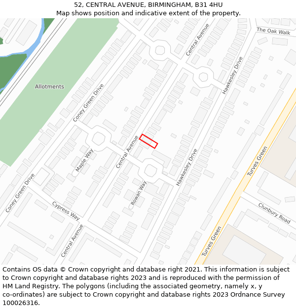 52, CENTRAL AVENUE, BIRMINGHAM, B31 4HU: Location map and indicative extent of plot