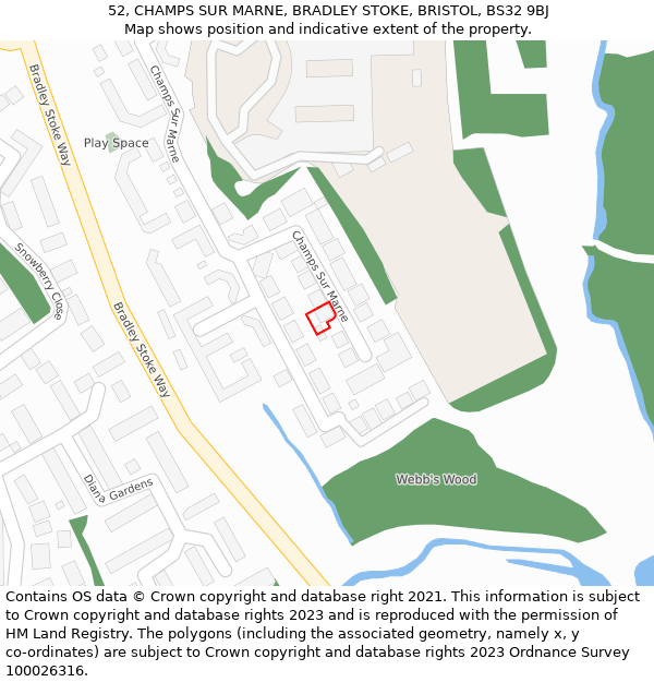 52, CHAMPS SUR MARNE, BRADLEY STOKE, BRISTOL, BS32 9BJ: Location map and indicative extent of plot