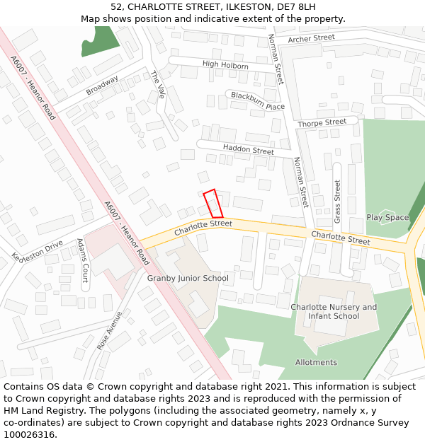 52, CHARLOTTE STREET, ILKESTON, DE7 8LH: Location map and indicative extent of plot