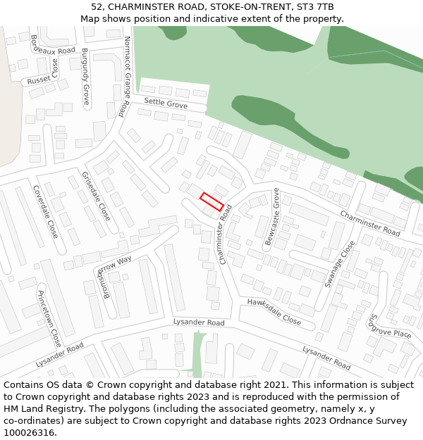 52, CHARMINSTER ROAD, STOKE-ON-TRENT, ST3 7TB: Location map and indicative extent of plot