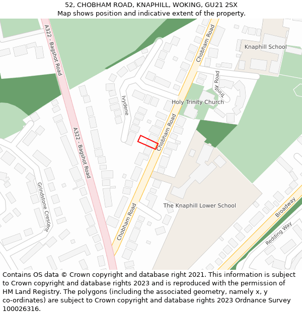 52, CHOBHAM ROAD, KNAPHILL, WOKING, GU21 2SX: Location map and indicative extent of plot