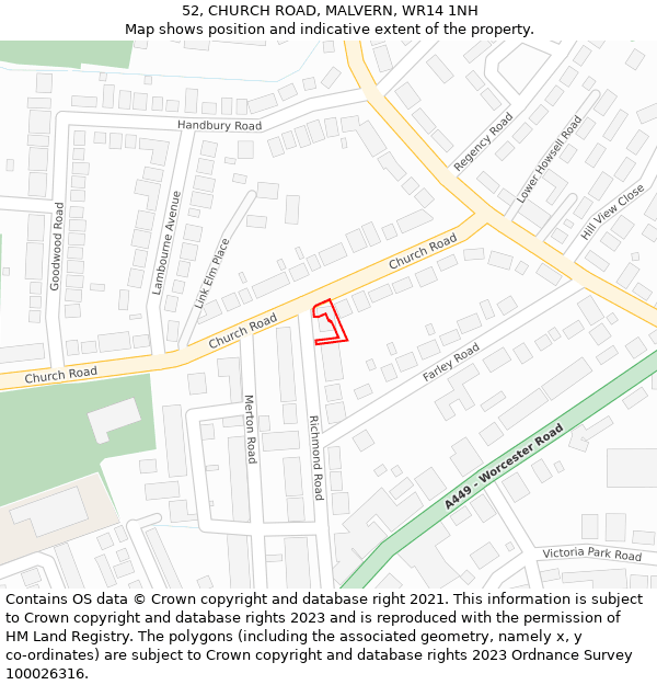 52, CHURCH ROAD, MALVERN, WR14 1NH: Location map and indicative extent of plot