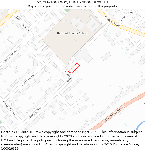 52, CLAYTONS WAY, HUNTINGDON, PE29 1UT: Location map and indicative extent of plot