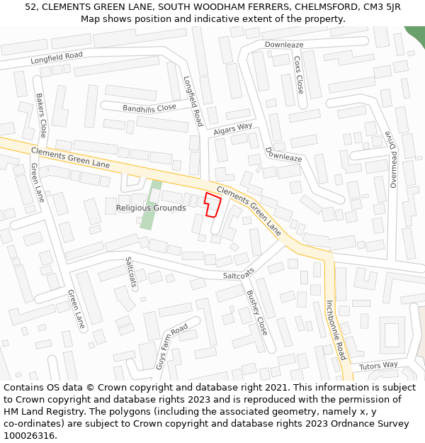 52, CLEMENTS GREEN LANE, SOUTH WOODHAM FERRERS, CHELMSFORD, CM3 5JR: Location map and indicative extent of plot