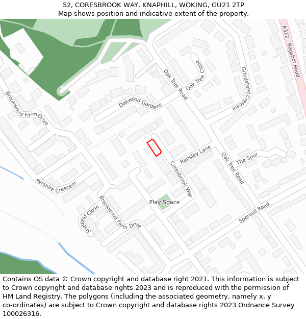 52, CORESBROOK WAY, KNAPHILL, WOKING, GU21 2TP: Location map and indicative extent of plot