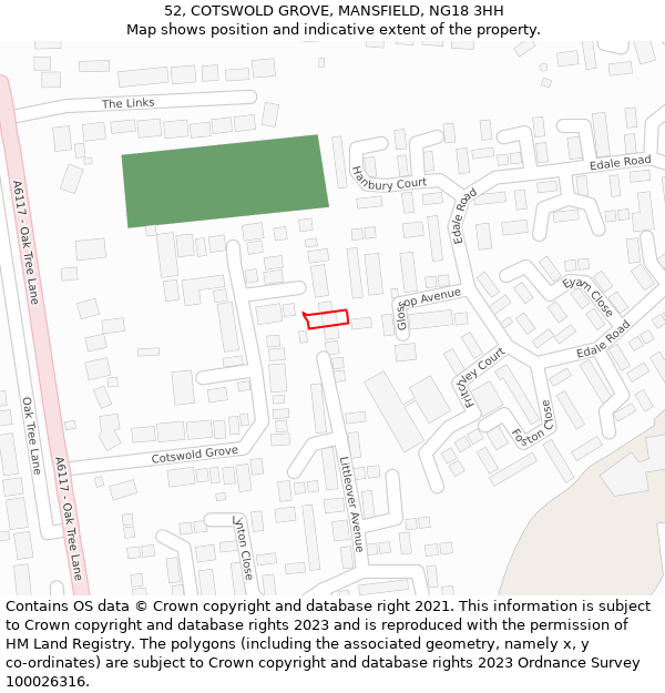 52, COTSWOLD GROVE, MANSFIELD, NG18 3HH: Location map and indicative extent of plot