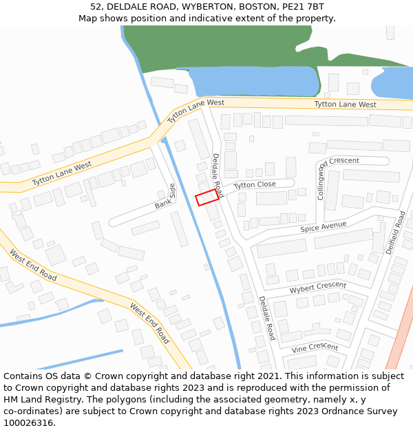 52, DELDALE ROAD, WYBERTON, BOSTON, PE21 7BT: Location map and indicative extent of plot