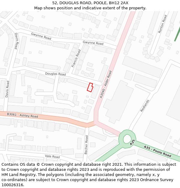 52, DOUGLAS ROAD, POOLE, BH12 2AX: Location map and indicative extent of plot