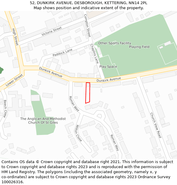 52, DUNKIRK AVENUE, DESBOROUGH, KETTERING, NN14 2PL: Location map and indicative extent of plot