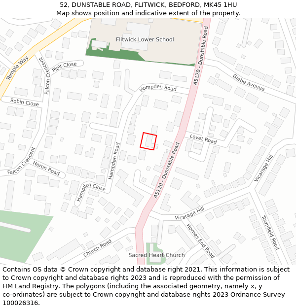 52, DUNSTABLE ROAD, FLITWICK, BEDFORD, MK45 1HU: Location map and indicative extent of plot
