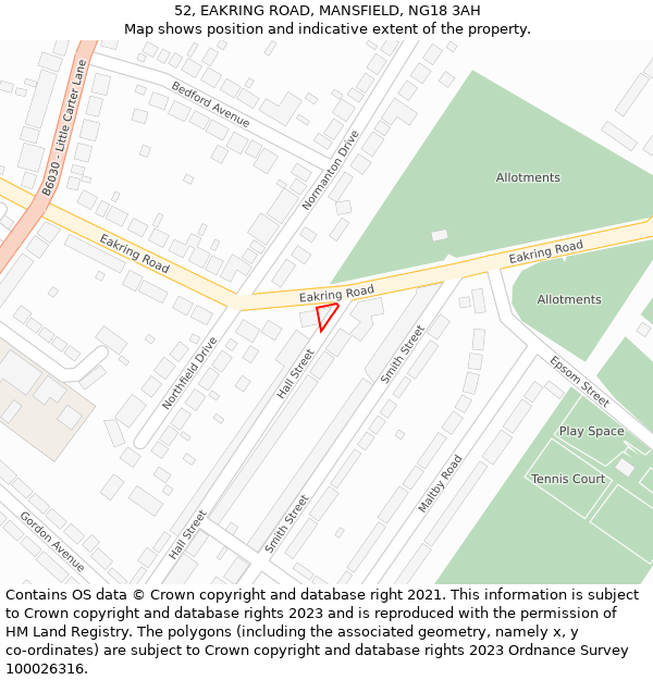 52, EAKRING ROAD, MANSFIELD, NG18 3AH: Location map and indicative extent of plot