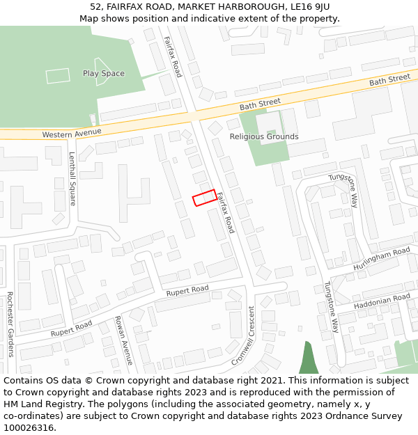 52, FAIRFAX ROAD, MARKET HARBOROUGH, LE16 9JU: Location map and indicative extent of plot
