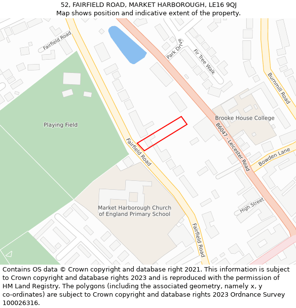 52, FAIRFIELD ROAD, MARKET HARBOROUGH, LE16 9QJ: Location map and indicative extent of plot