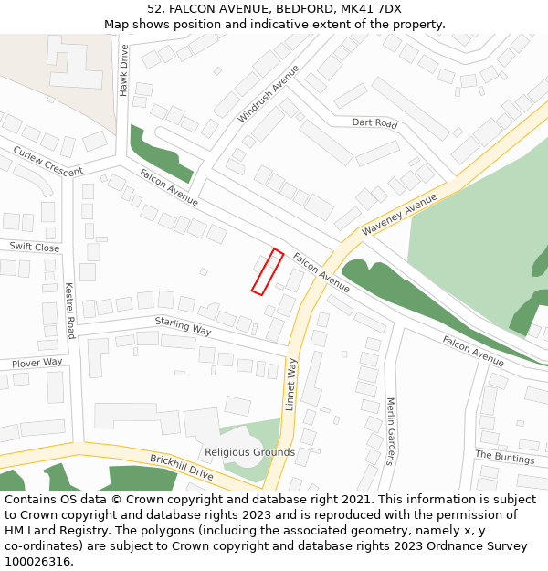 52, FALCON AVENUE, BEDFORD, MK41 7DX: Location map and indicative extent of plot