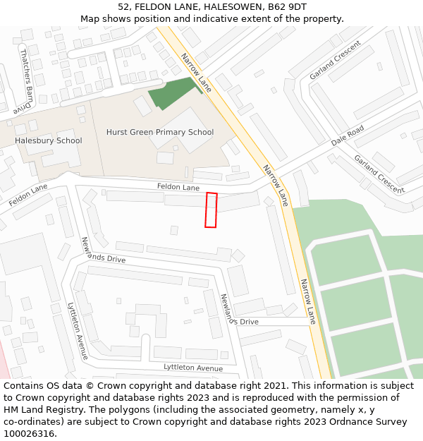 52, FELDON LANE, HALESOWEN, B62 9DT: Location map and indicative extent of plot