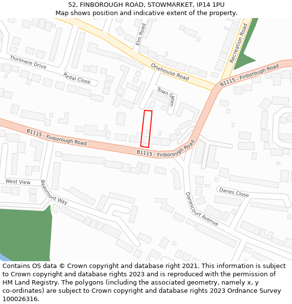 52, FINBOROUGH ROAD, STOWMARKET, IP14 1PU: Location map and indicative extent of plot