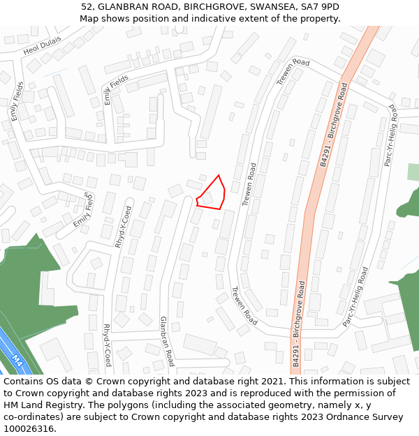 52, GLANBRAN ROAD, BIRCHGROVE, SWANSEA, SA7 9PD: Location map and indicative extent of plot