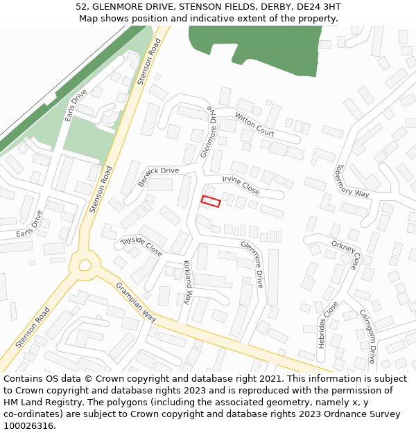 52, GLENMORE DRIVE, STENSON FIELDS, DERBY, DE24 3HT: Location map and indicative extent of plot